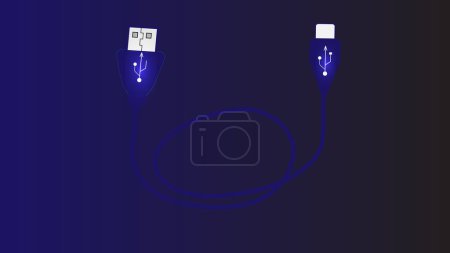 Téléchargez les photos : Câble chargeur USB isolé couleur bleue sur fond d'illustration couleur cyan et gris. - en image libre de droit