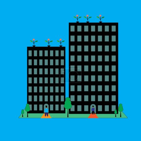 Téléchargez les photos : Icône de bâtiment de couleur noire avec illustration de suiveur vert . - en image libre de droit