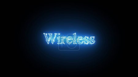 Abstract wireless neon glowing blue color text icon isolated on black background.