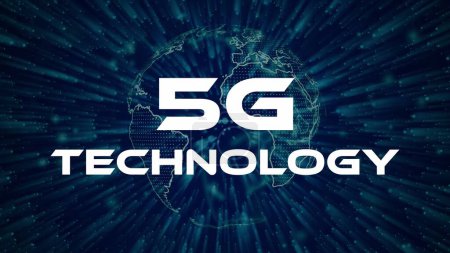 5G technology text concept on si-fi particles background. Dot particles technological earth.