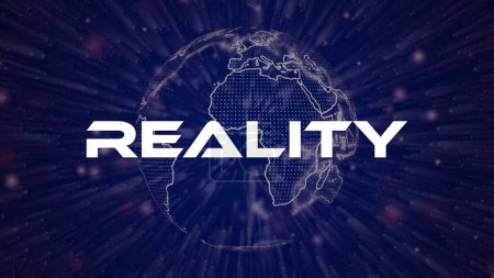 Reality text concept on si-fi particles background. Dot particles technological earth.