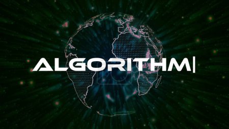 Algorithm text concept on si-fi particles background. Dot particles technological earth.