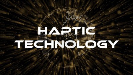 Haptic Technology text concept on si-fi particles background. Dot particles technological earth.