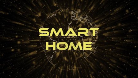 Smart home text concept on si-fi particles background. Dot particles technological earth.