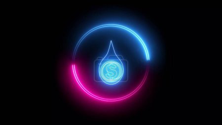 Blue and pink color glowing neon line Oil drop and water drop icon with dollar symbol isolated on black background. illustration background.