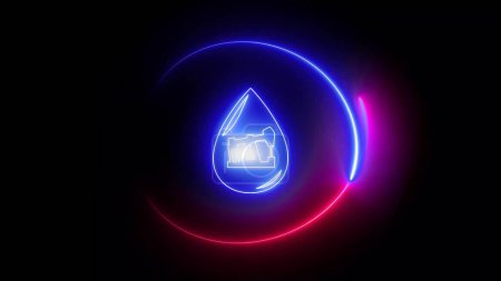 Blue and pink color glowing neon line Oil drop and water drop icon isolated on black background. illustration background.