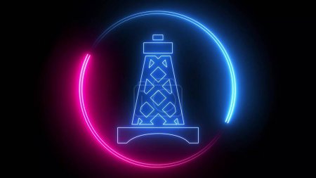 Oil rig icon with glowing neon line isolated on black background. Gas tower. abstract illustration background.