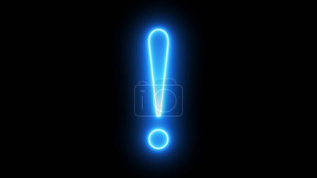 Neon light glowing exclamation mark on black background.