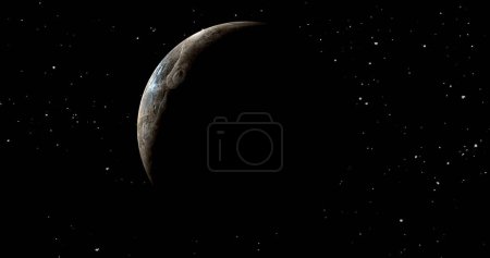 fictional Planet sun rise in dark background with stars. front view of Haumea planet from space. full 3d view of Haumea 4k resolution.