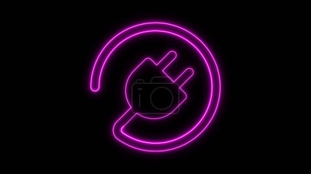 Néon signe violet d'une prise électrique à l'intérieur d'une flèche circulaire sur un fond noir.