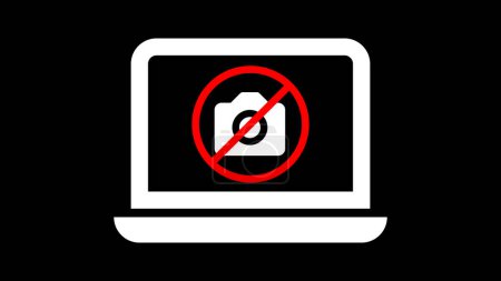 Laptop displaying a prohibition sign over a camera icon on a black background.