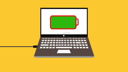 Laptop with battery icon on a yellow background.
