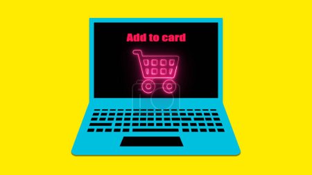 Neon Shopping Cart on Laptop Screen a yellow background.