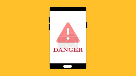 Smartphone displaying a warning sign with the word DANGER on its screen on a yellow background.