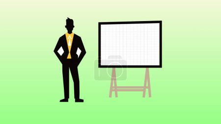 Illustration eines Geschäftsmannes, der neben einer leeren Präsentationstafel auf einem Stativ vor grünem Hintergrund steht.