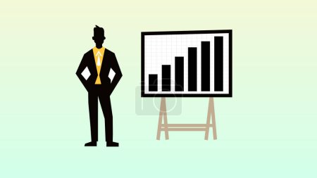Businessman standing next to graph icon board on a white background.