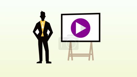 Businessman standing next to play button board on a white background.