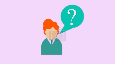 Person with question mark in a speech bubble on a pink background.