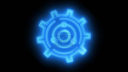 Neon glowing gear icon on a white background.