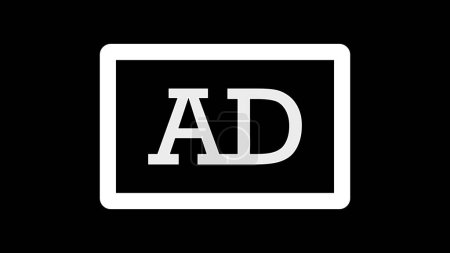 Ein schwarzer Hintergrund mit einem weißen rechteckigen Rand und den Buchstaben 'AD' in der Mitte.