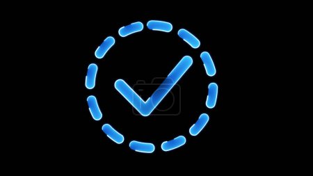 Ein leuchtendes blaues Häkchen innerhalb eines gestrichelten Kreises auf schwarzem Hintergrund, das Zustimmung oder Vollendung symbolisiert.