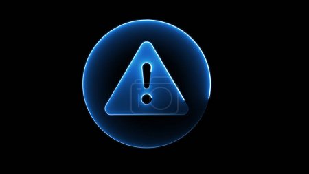 A glowing blue warning symbol with an exclamation mark inside a triangle on a black background.
