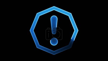 A glowing blue exclamation mark inside a hexagonal shape on a black background.