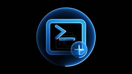 A glowing blue icon of a command prompt with a plus sign on a black background.