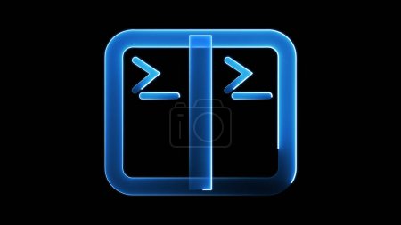 Ein leuchtendes blaues Neon-Symbol auf schwarzem Hintergrund, das zwei übereinander liegende Symbole zeigt, zwischen denen eine senkrechte Linie verläuft.