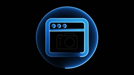 Ein leuchtend blaues Neon-Symbol eines Web-Browser-Fensters auf schwarzem Hintergrund. Das Symbol verfügt über einen runden Rand mit drei kleinen Kreisen oben links, die die Schaltflächen Minimieren, Maximieren und Schließen repräsentieren..