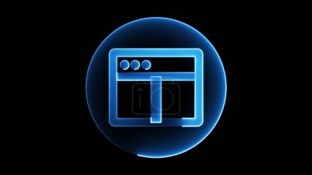 Une icône néon bleu brillant d'une fenêtre de navigateur Web avec une barre latérale, sur un fond noir.