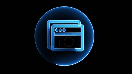 Une icône bleu néon brillant d'une fenêtre de navigateur Web sur un fond sombre.