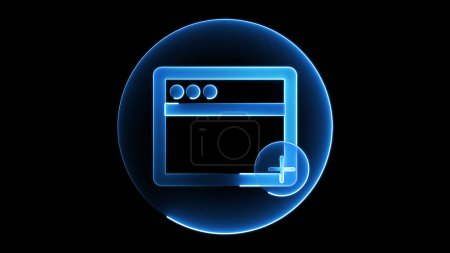 Ein leuchtend blaues Neon-Symbol eines Web-Browser-Fensters mit einem Pluszeichen, das das Hinzufügen eines neuen Tab oder Fensters symbolisiert.