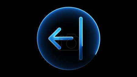 A glowing blue neon arrow pointing left with a vertical line next to it, set against a black background. The arrow and line are enclosed in a circular shape.