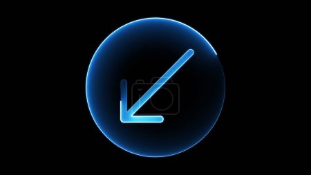 A glowing blue arrow pointing downwards and to the left inside a circular border on a black background.