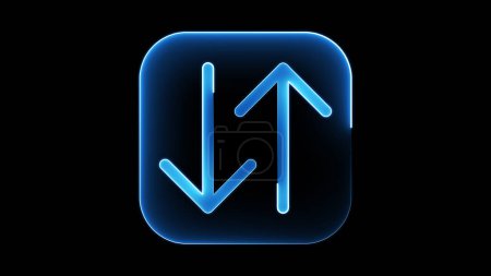 A glowing blue icon with two arrows pointing in opposite directions, one up and one down, on a black background.
