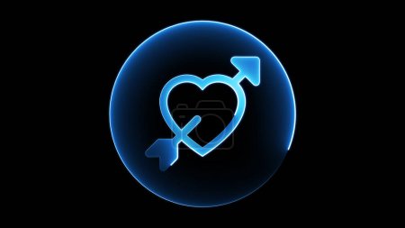 Ein leuchtend blaues Neon-Symbol eines Herzens mit einem Pfeil darin, vor schwarzem Hintergrund. Herz und Pfeil sind von einem leuchtend blauen Kreis umgeben.
