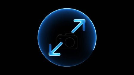 A glowing blue circle with two arrows pointing diagonally outward, symbolizing expansion or fullscreen mode, on a black background.