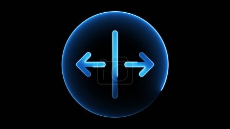 A glowing blue circular icon with arrows pointing left and right, separated by a vertical line, on a black background.