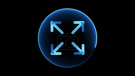 Ein leuchtend blaues Symbol auf schwarzem Hintergrund mit vier Pfeilen, die aus der Mitte nach außen zeigen und das Konzept der Expansion oder des Vollbildmodus andeuten.