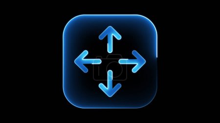 Ein leuchtendes blaues Symbol mit vier Pfeilen, die in verschiedene Richtungen zeigen, auf schwarzem Hintergrund.