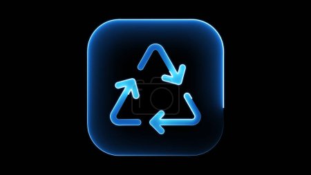 Ein leuchtend blaues Neon-Recycling-Symbol auf schwarzem Hintergrund. Das Symbol besteht aus drei Pfeilen, die ein Dreieck bilden und das Konzept von Recycling und Nachhaltigkeit repräsentieren..