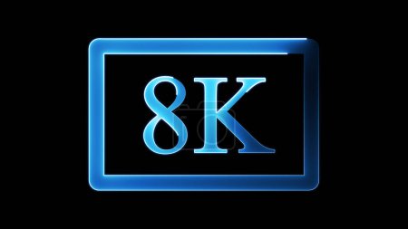 Ein leuchtendes blaues Symbol mit 8K Auflösung auf schwarzem Hintergrund.