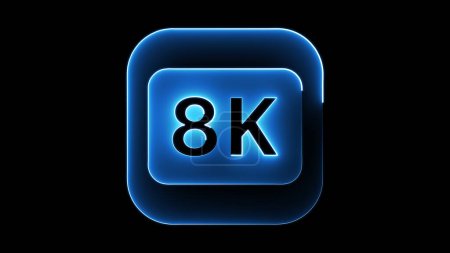 A glowing blue 8K icon on a black background, symbolizing high-resolution display technology.