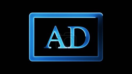 A glowing blue neon sign with the letters 'AD' in the center, set against a black background.