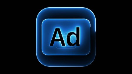 Ein leuchtend blaues Symbol mit den Buchstaben "Ad" in der Mitte, vor schwarzem Hintergrund. Die Ikone hat ein modernes, neonähnliches Aussehen.