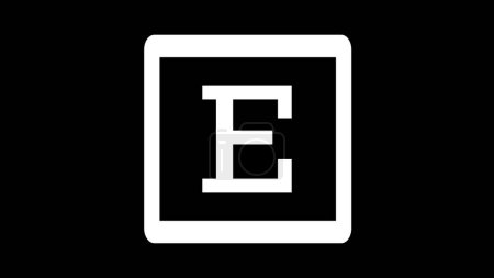 Una letra blanca 'E' dentro de un borde cuadrado blanco sobre un fondo negro.