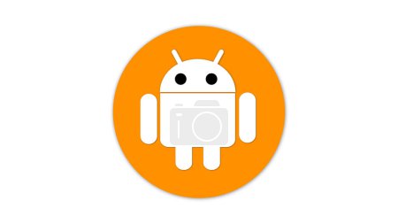 Un logotipo blanco del robot Android sobre un fondo circular naranja.