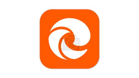 An abstract white swirl logo on an orange square background.