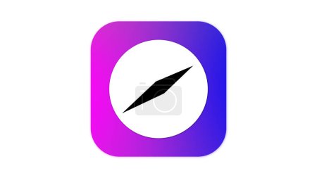 A minimalist compass icon with a black needle on a white circular background, set against a gradient purple and pink square.